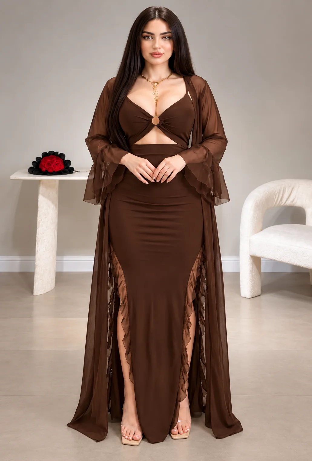 قميص سهرة طويل مع روب شيفون بيج سايز