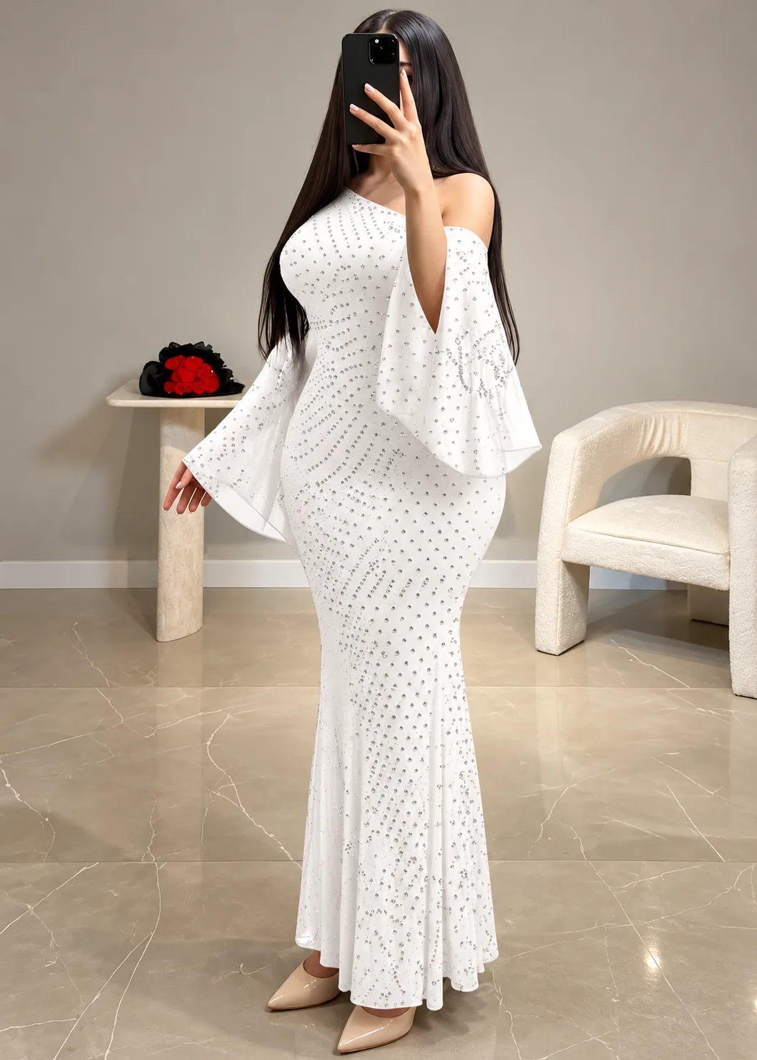 فستان سهرة طويل بكم كلوش (VIP)